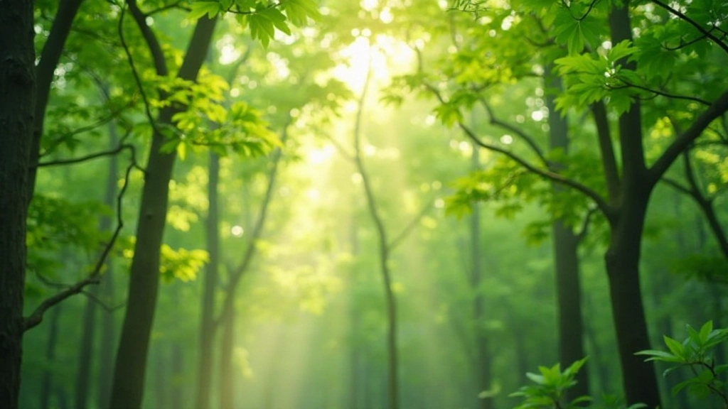 Groen bos met zonlicht dat door bladerdak filtert, vredige natuuromgeving
