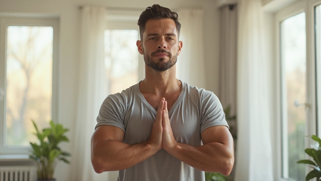 Man die yogapraktijk beoefent in lichtvol, modern thuisstudio met serene uitdrukking