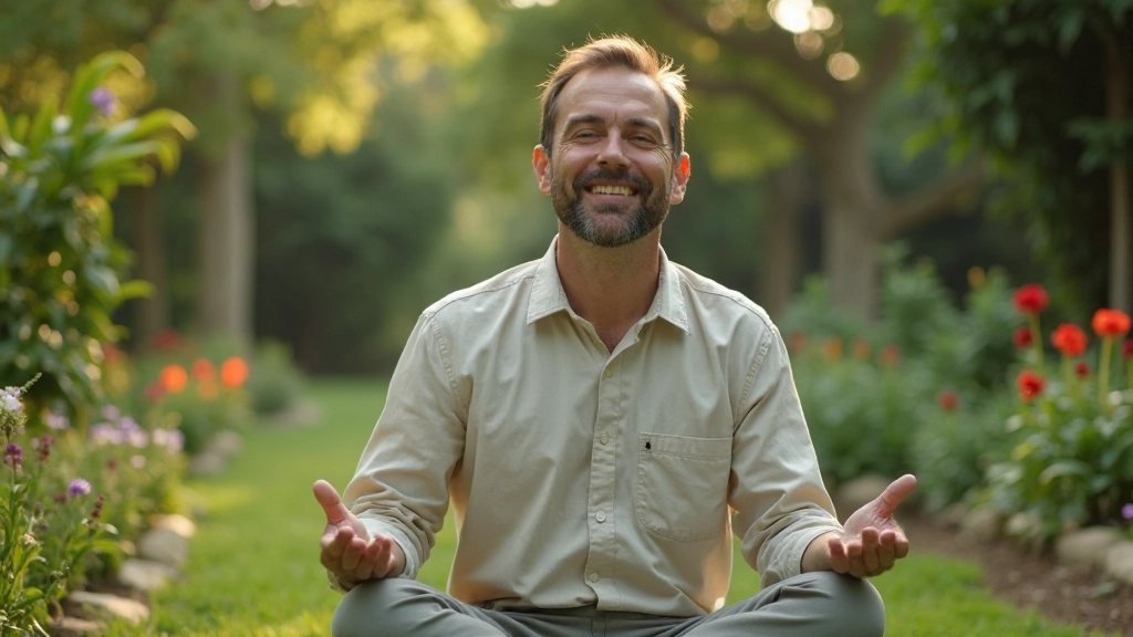 Gelukkig persoon die mediteert in een natuurlijke tuin omgeven door groene planten en bloemen