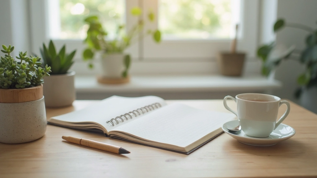 Professioneel werkbureau met plant, dagboek en kopje thee in rustige sfeer