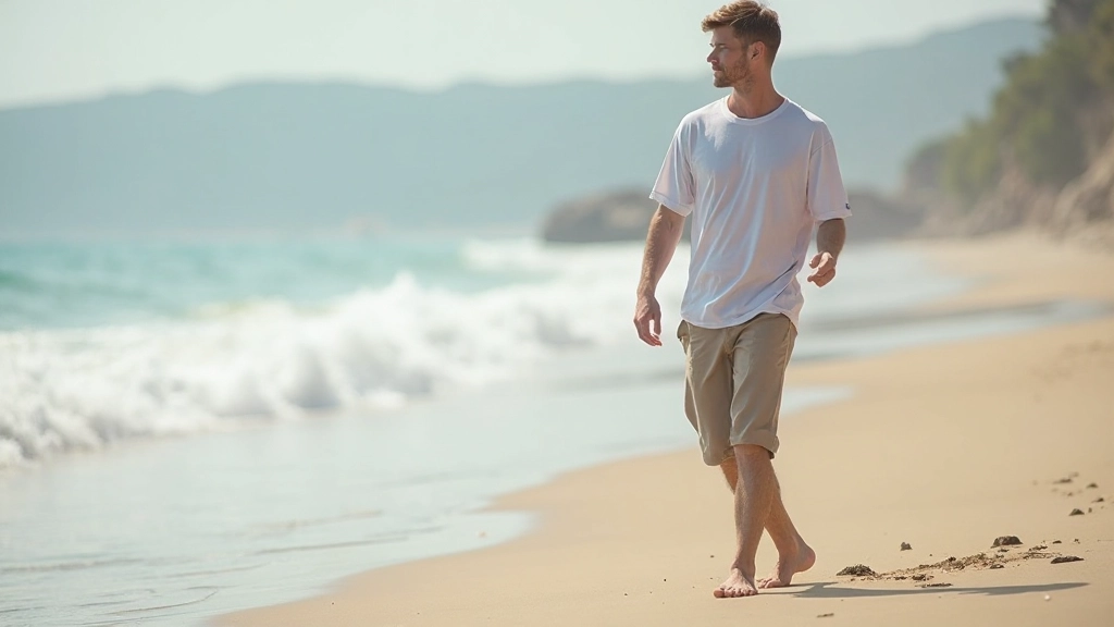Iemand die blootvoets op zand loopt langs strandkust met kalme golven