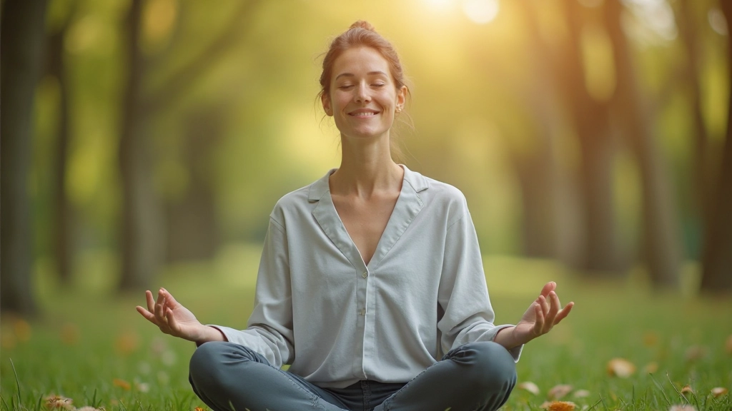 Rustige persoon in meditatiepositie in een natuurlijke buitenomgeving met zonlicht