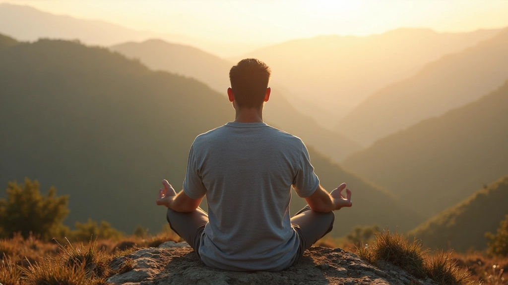 Persoon die meditatief zit in een rustig berglandschap met uitzicht op vallei