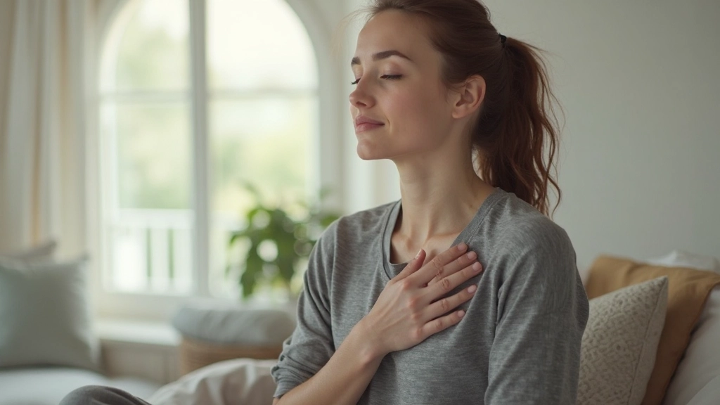 Persoon in rustige kamer die een ademhalingsoefening doet met hand op borst