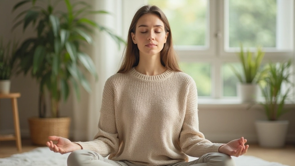 Vrouw die mediteert in een rustige, lichte ruimte met planten en natuurlijk licht