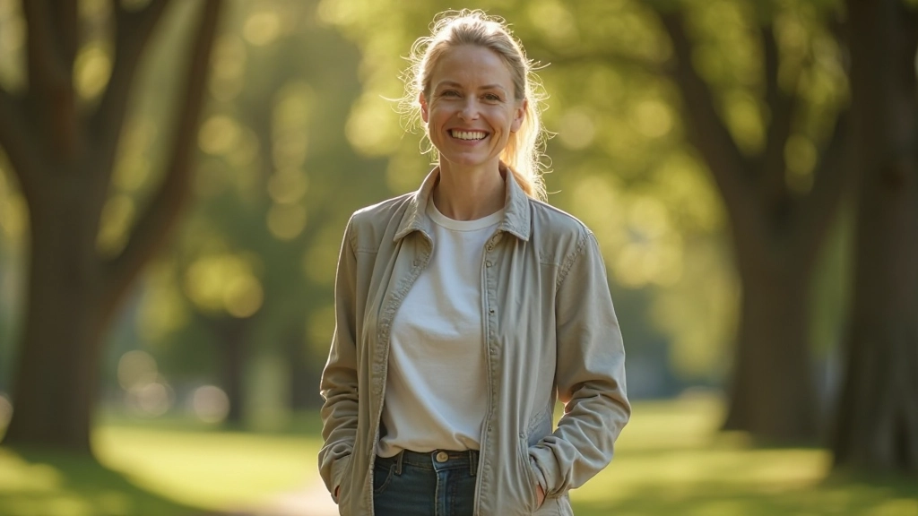 Professionele vrouw die buiten loopt met vredige gezichtsuitdrukking in natuuromgeving